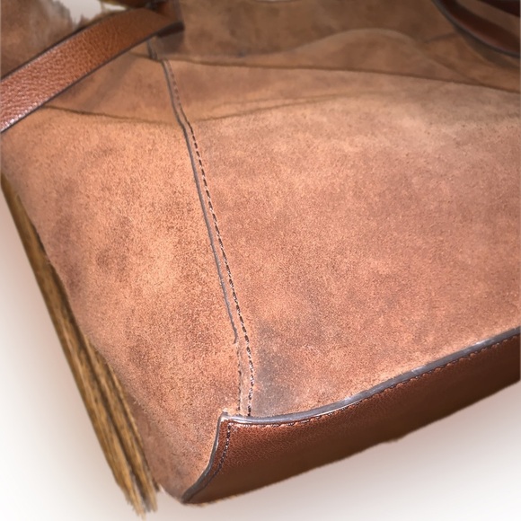 Fossil Cow Suede Rayna Large Boho Western Brown Leather Tote Purse Bag Fringe - Picture 9 of 15